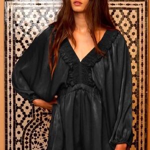 Smocked V-Neck Ruffled Solid Satin Romper